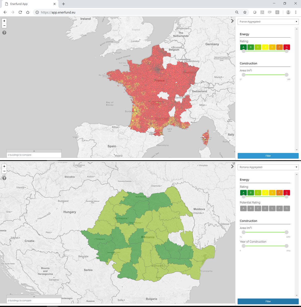 enerfund's tweet photo. Quiz time... Who knows why France appears "red", while Romania appears "green", when aggregating #Energy #Performance #Certificates of Buildings at district level? https://t.co/LLoAAPIgpA