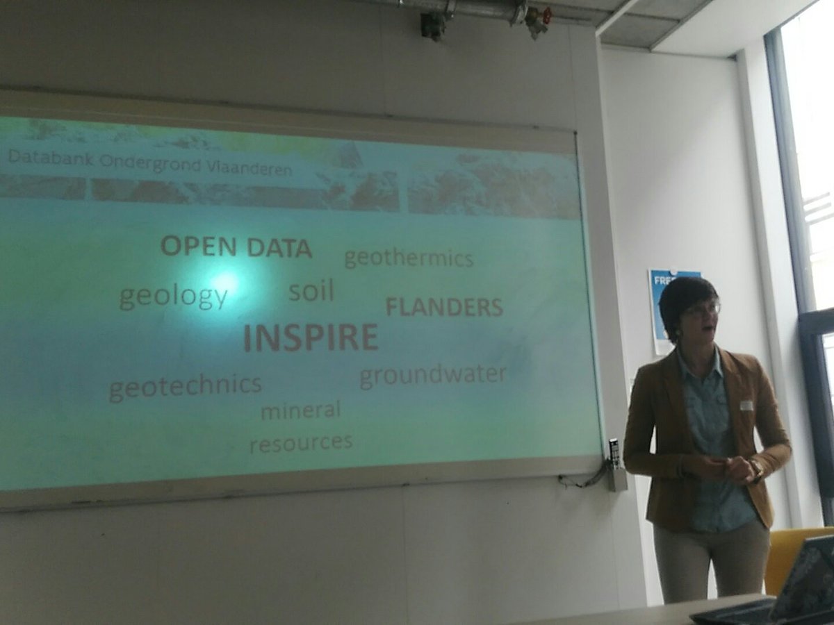 DFrigne's tweet image. Berdien, roel, marleen and niels presenting their work as an example of the #osgeo foss eco system on the #foss4gbe conference #opensource