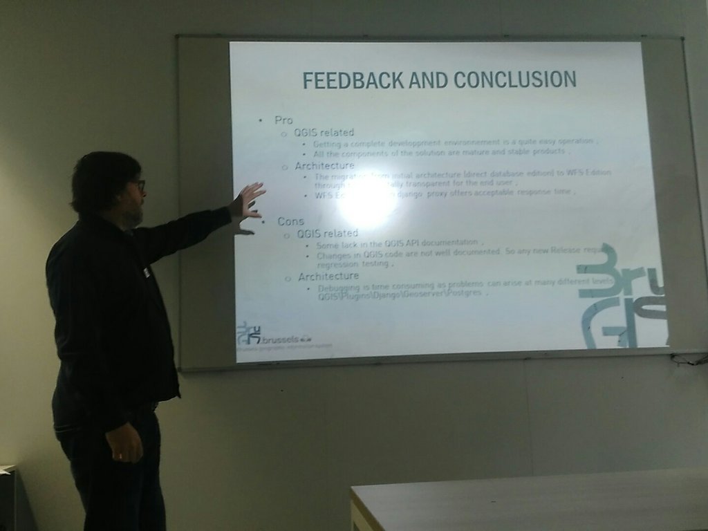 DFrigne's tweet image. #foss4gbe #osgeo brugis presentation. Based on #qgis and #geoserver a lot of audience...