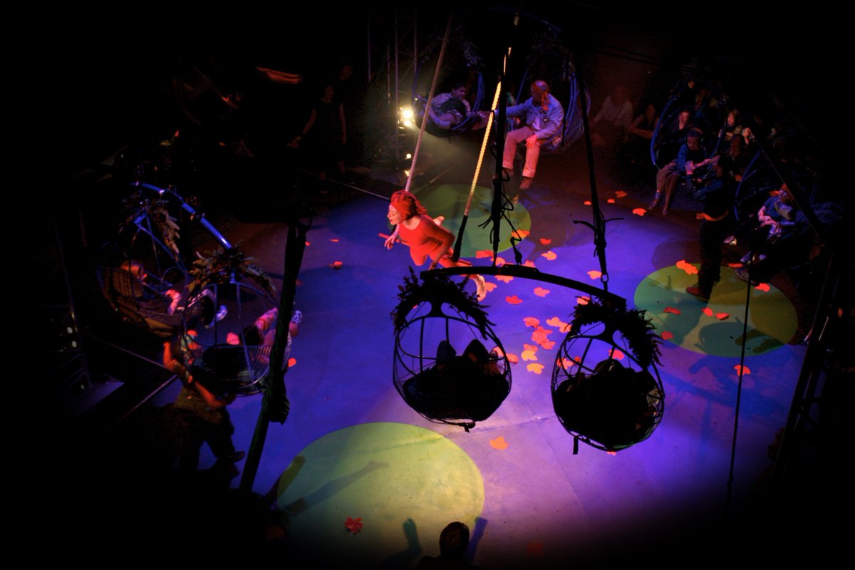 The young audience 'flew' amongst aerial performers in Oily Cart and Ockham's Razor's Something in the Air (2009) #OilyCart37Years🎂

Photo: Nik Mackey