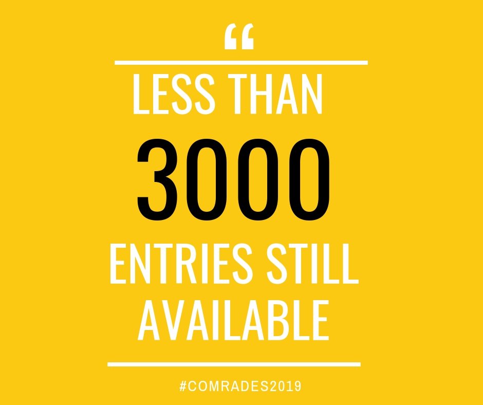 There are less than 3000 entries still available for next year’s #Comrades Up Run which are being taken up real fast.

The #Comrades2019 entries was due to close on 10 December 2018 but will be shut down as soon as the cap of 25,000 entries has been reached.