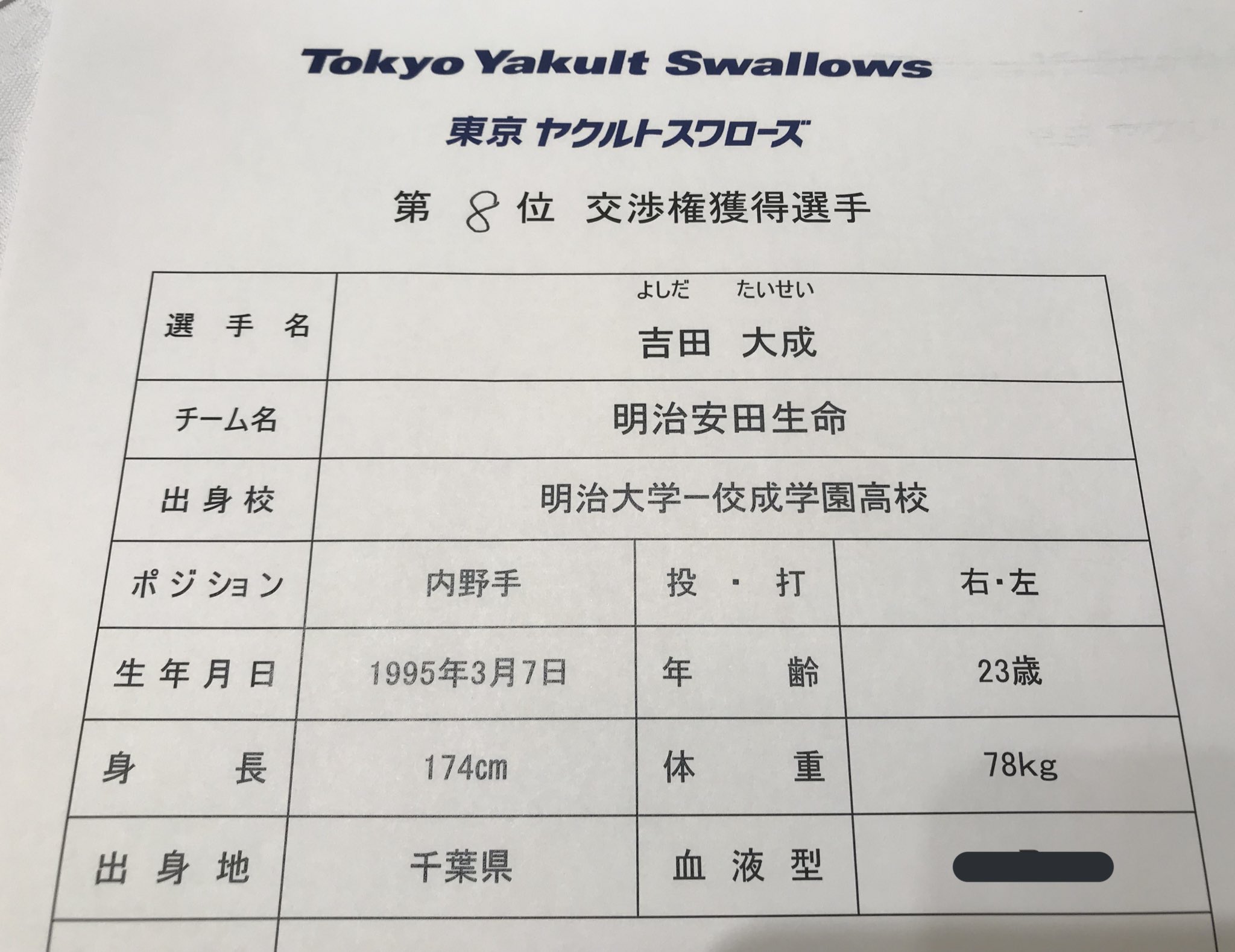 東京ヤクルトスワローズ公式 交渉権獲得選手 8位 名前 吉田 大成 よしだ たいせい 守備 内野手 所属 明治安田生命 Swallows T Co 1cxzoxgqsh Twitter