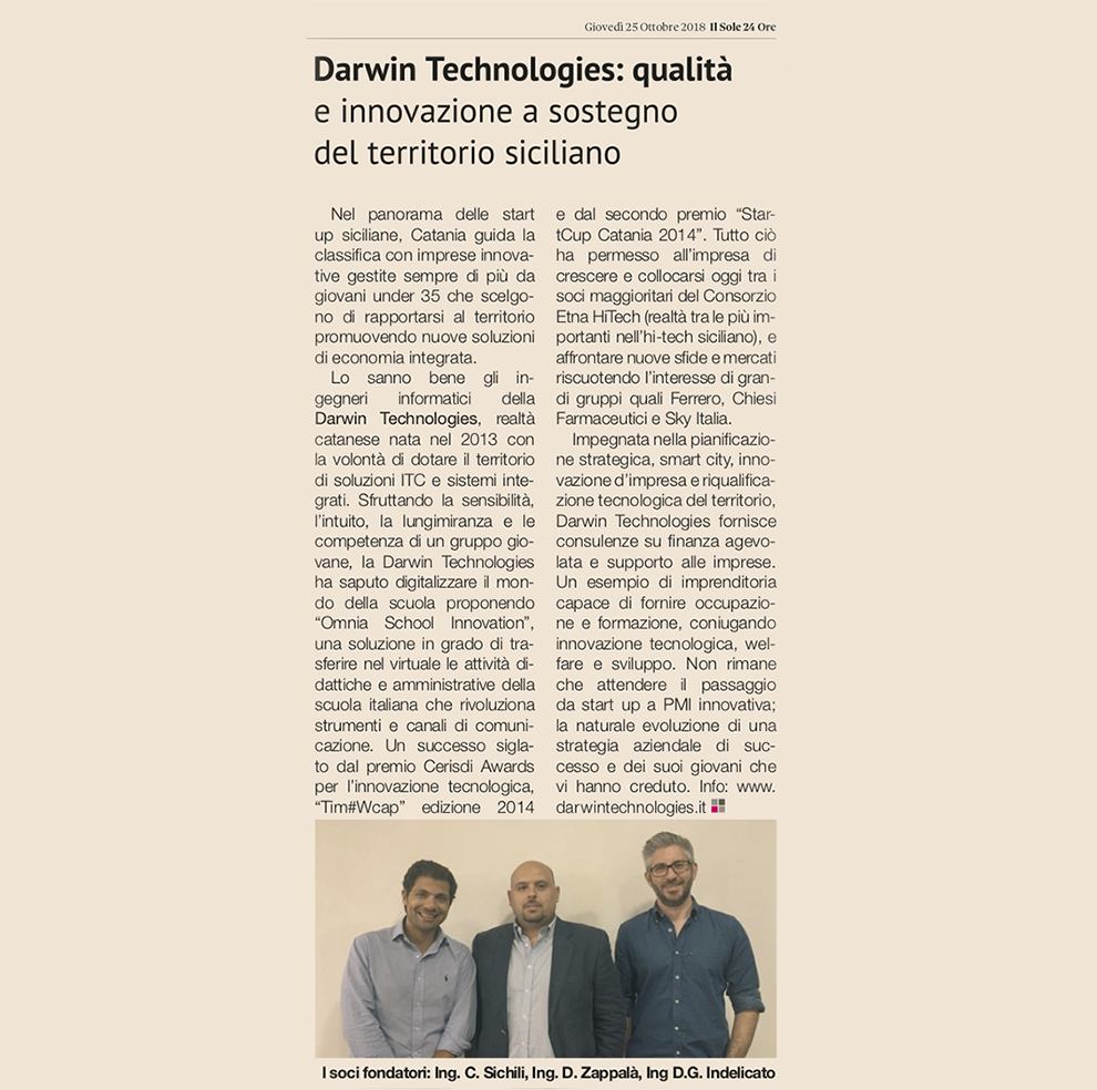 Oggi su Il Sole 24 Ore un articolo dedicato alla nostra azienda. Quando i sacrifici vengono ricompensati e la volontà di operare nel e per il territorio acquisisce valore! #innovazione #sviluppoterritorio #laforzadiunteam <a href="/dzappala82/">Dario Zappalà</a> <a href="/dind84/">Daniel G Indelicato</a> <a href="/SpampinatoE/">Emanuele Spampinato</a> <a href="/salvosichili/">SALVATORE SICHILI</a>