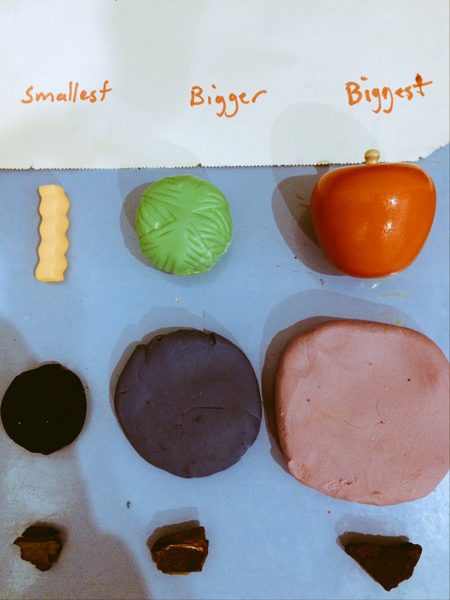 MichaelBWatt's tweet photo. Babysitting a pre-school child having trouble understanding relational math - what’s bigger and smaller out of certain objects. Parents asked me for advice. I thought about it and tested visual, varied, concrete representation of the concepts, inspired by @eriksonmath. #acuedu_p https://t.co/RUoxOWe6p9