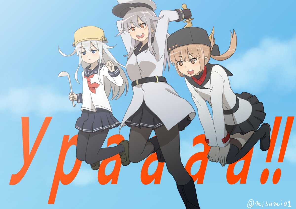 gangut (kancolle) ,hibiki (kancolle) ,tashkent (kancolle) multiple girls 3girls hat pantyhose long hair school uniform skirt  illustration images