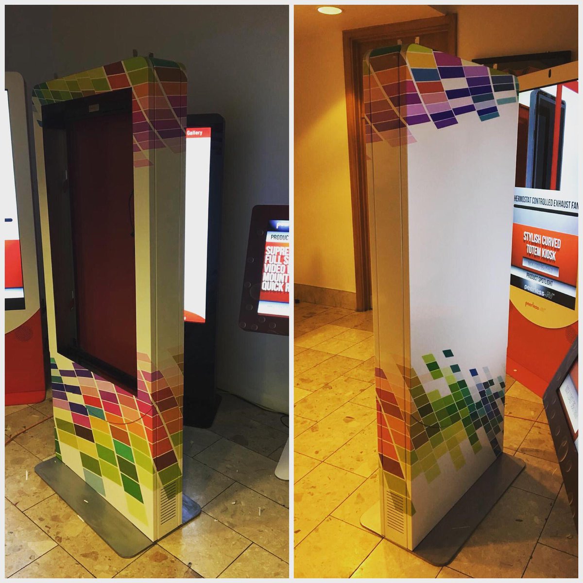 Vehicles aren’t the only things one can wrap. #kiosk #wrap #totaltransformation from plain to #wow 💫 #infokiosk #colourtransformation #imotion #installation #advertising #multicolour #city #london #excelcentre #olympiaexhibitioncentre #advertiseyourbrand #pumpyourown
