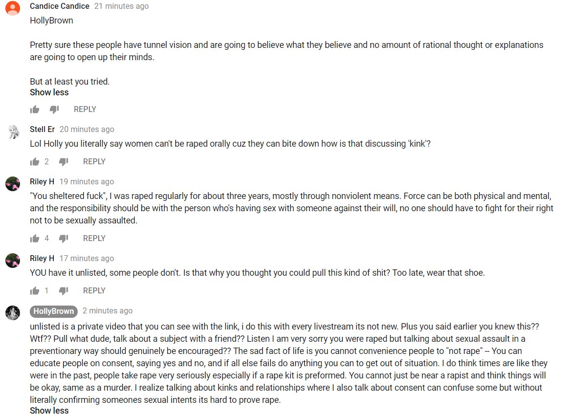 Gremlingroblin's tweet photo. 1/2 - Holly Brown, rape apologist and artist extraordinaire, lying about the rape stream (again) this time with help from loyal fans: 
#hcbrown #hollycbrown #hollybrownyt #youtubeartist #meettheartist #rapeapologist #victimblaming #gaslighting #backtracking #incel #femcel #comic https://t.co/L3CPRZHcBa