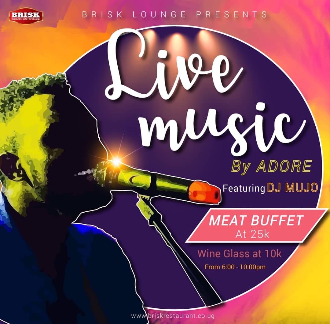 BriskLoungeUG's tweet photo. Have you listened to this very sensual musician #Adore? We have brought him closer to you every Thursday from 6.30pm to 10.30pm. Come enjoy his performances as you dine at the #AfricanMeatBuffet. Remember a glass of wine goes for 10k so we await your presence. https://t.co/0ZA0SZt2cy