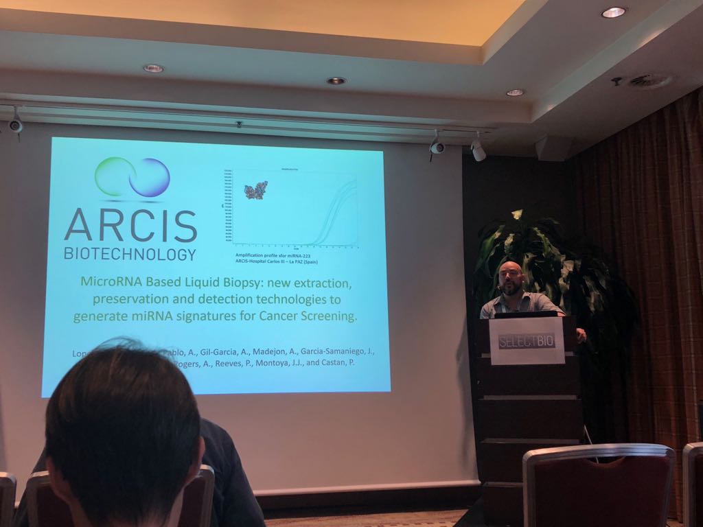 arcisbio's tweet photo. Dr Pablo Castan presenting MicroRNA Based Liquid Biopsy: New Extraction, Preservation and Detection Technologies to Generate miRNA Signatures for Cancer Screening at @SelectBio Exosomes and Liquid Biopsies earlier. Come check out our stand to find out more about #simplesampleprep https://t.co/NtSMcQGToY