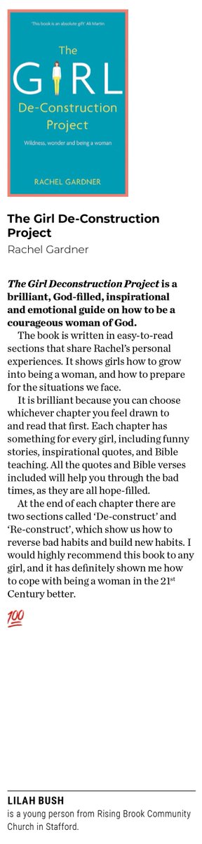 RisingBrookCYF's tweet photo. One of our young people Lilah wrote a review for the book "The Girl De-Construction Project" by @RachelGardnerRA. 

The review got published in this month’s Premiers Youth and children’s work magazine! Good Job Lilah! https://t.co/PrwzxbfaXY