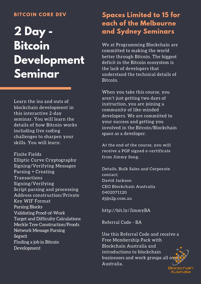 DECAustralia's tweet image. Bringing @jimmysong to #AUS. Bitcoin Dev courses, Private Steak Dinners and #Meetups with @AlexSaundersAU and @NuggetsNewsAU Dev course tickets strictly limited for MEL and SYD.