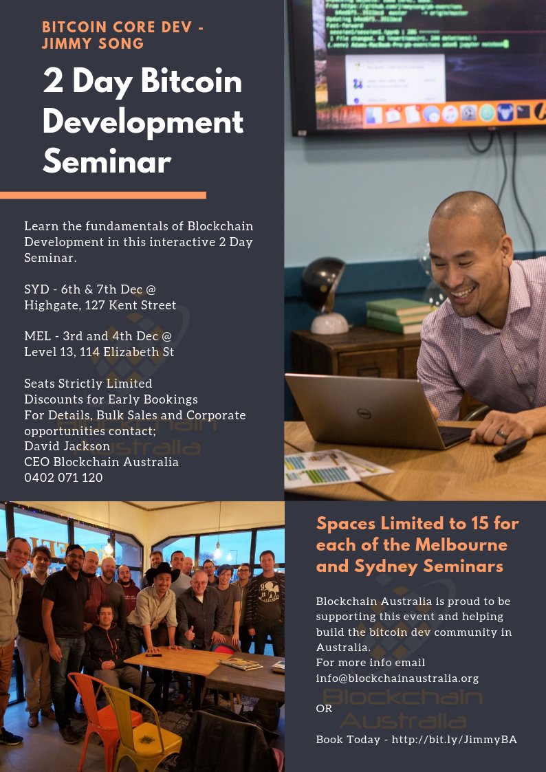 DECAustralia's tweet image. Bringing @jimmysong to #AUS. Bitcoin Dev courses, Private Steak Dinners and #Meetups with @AlexSaundersAU and @NuggetsNewsAU Dev course tickets strictly limited for MEL and SYD.