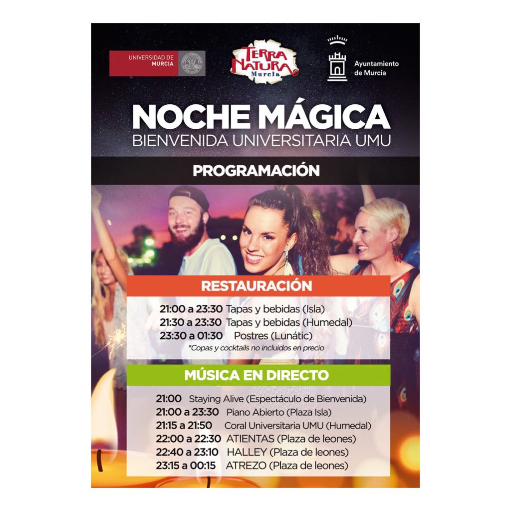 Se modifican los horarios para esta noche tan especial en @TerraNatura_  . Bienvenida universitaria de @umu en la que <a href="/CoralUMU/">Coral Universitaria</a> <a href="/AlvaroHalley/">Álvaro Halley</a> @Atientas_banda y nosotros, llenaremos el evento de música 🎶❤️ Vente y disfruta!!!