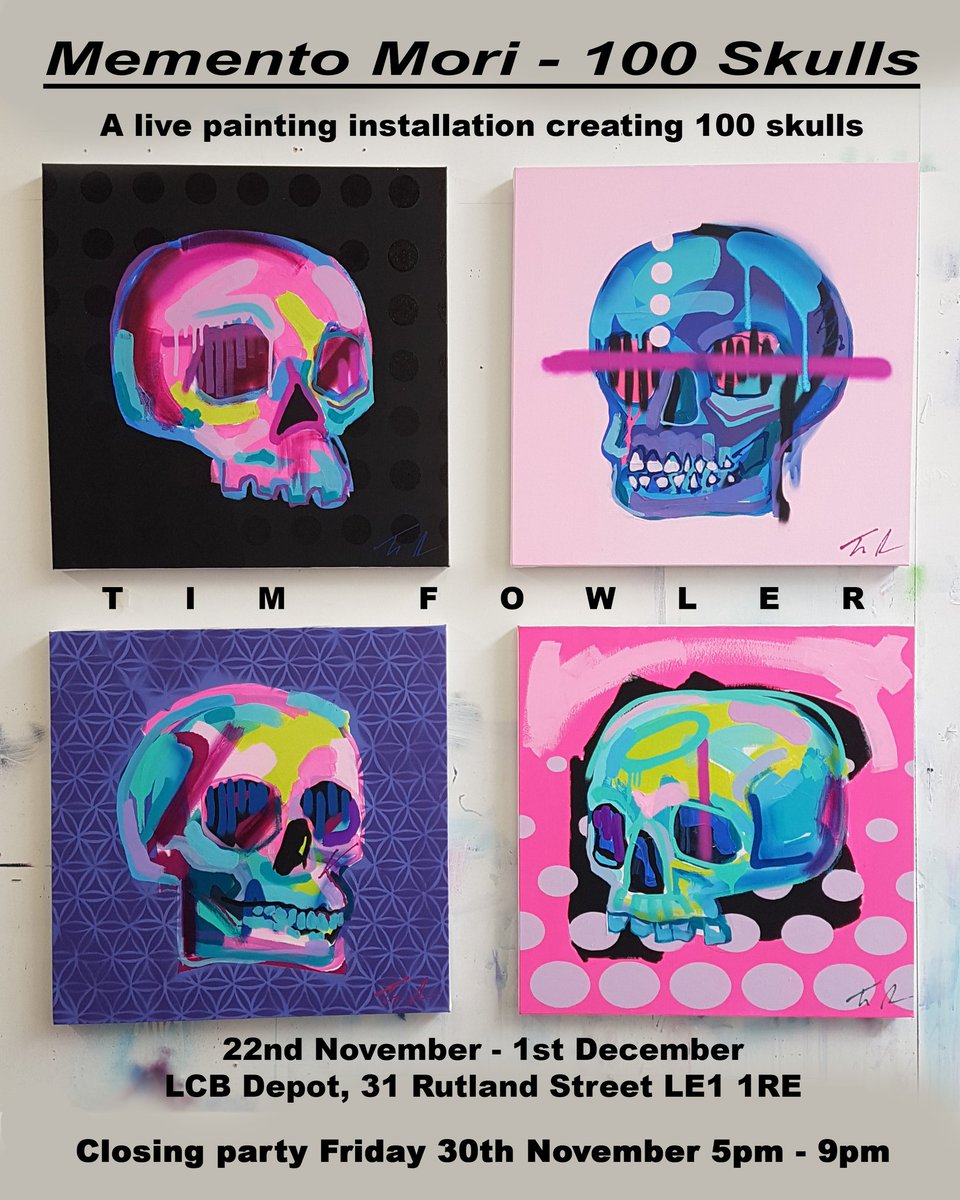 I'll be painting 100 skulls live over a week at <a href="/lcbdepot/">LCB Depot</a> as part of <a href="/StudionAmeLei/">StudionAme Leicester</a> takeover residency! #art #artist #studio #colour #artdaily #portraiture #streetart #popart #urbanart #contemporaryart #exhibition #gallery #buyart #skulls #skullart
