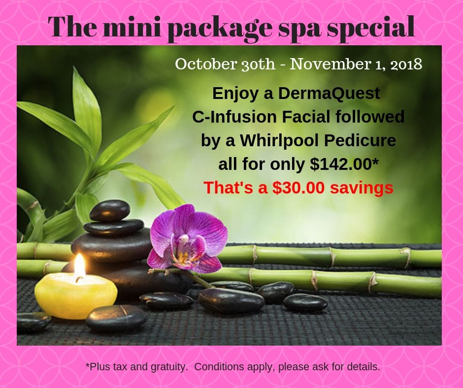 FLASH SPA SPECIAL - Tuesday Oct 30 - Thursday Nov 1, 2018
elementsdayspa.ca
Call (519) 583-0706 Ext #2 for appointments.