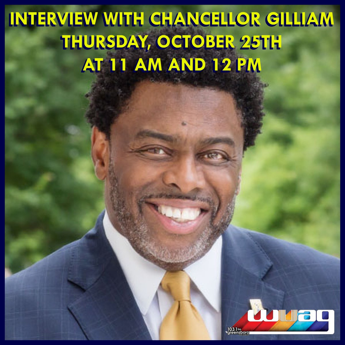 UNCGChancellor's tweet photo. Spartans and @UNCG friends: Tune in to @WUAG today to hear me discuss a range of topics,  including the university's strategic plan, my recent #TinyBusGSO performance and how I'm adjusting to life in Greensboro. Interview airs at 11 a.m. and noon. https://t.co/oYuCXe4uiO