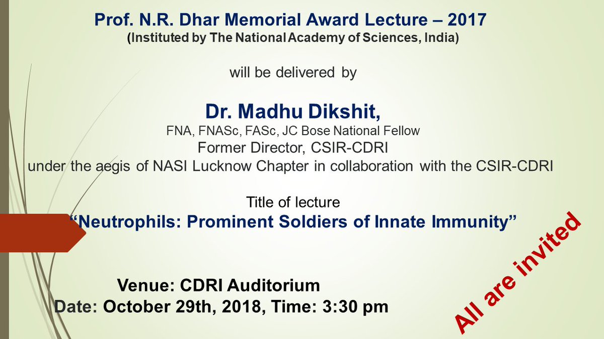 CSIR_CDRI's tweet photo. #ProfNRDhar #Memorial #Award #Lecture #2017 
(#Instituted by #TheNationalAcademyofSciencesIndia) @CSIR_CDRI, #Lucknow 
@CSIR_IND @DBTIndia @drharshvardhan @IndiaDST @RenuSwarup @doctorsoumya @ScienceNews @indianscinews @TOIIndiaNews @JagranNews @htTweets @AmarUjalaNews https://t.co/e0GExbjVrJ