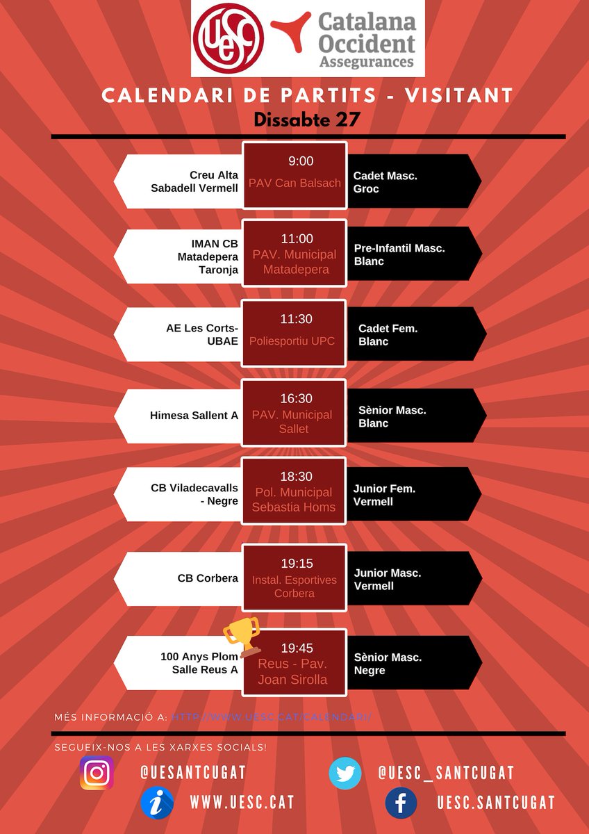 UESC_SantCugat's tweet photo. 📅 CALENDARI DE PARTITS DEL CAP DE SETMANA 27 i 28 D'OCTUBRE 🏀
Molta sort equips 👏🔴⚫️ #goUESC #123UESC
@catalanaocc @ortodonciafacil @vbeltrango @marcelarnau @janc_Sa @totsantcugat @cugatcat https://t.co/CkcucRjyaB