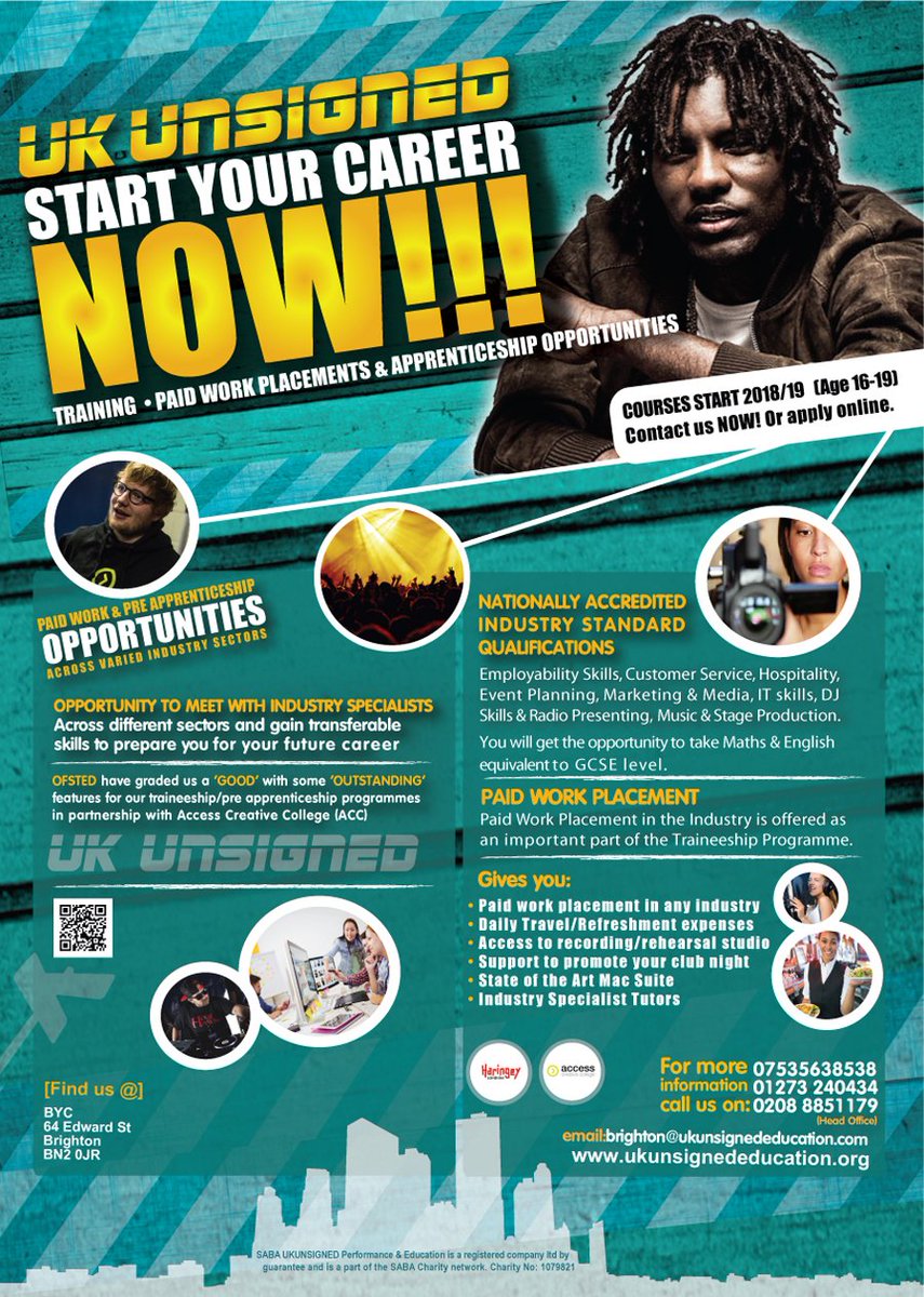 ukunsignedbtn's tweet image. UK Unsigned Education still has places on its 6 month #traineeship programme starting 7th Nov &amp;amp; is still #interviewing!! Gain vocational #qualifications &amp;amp; valuable paid #workexperience in ANY sector.  
#careers #courses #youngpeople #BrightonYouth #Brighton #Hove