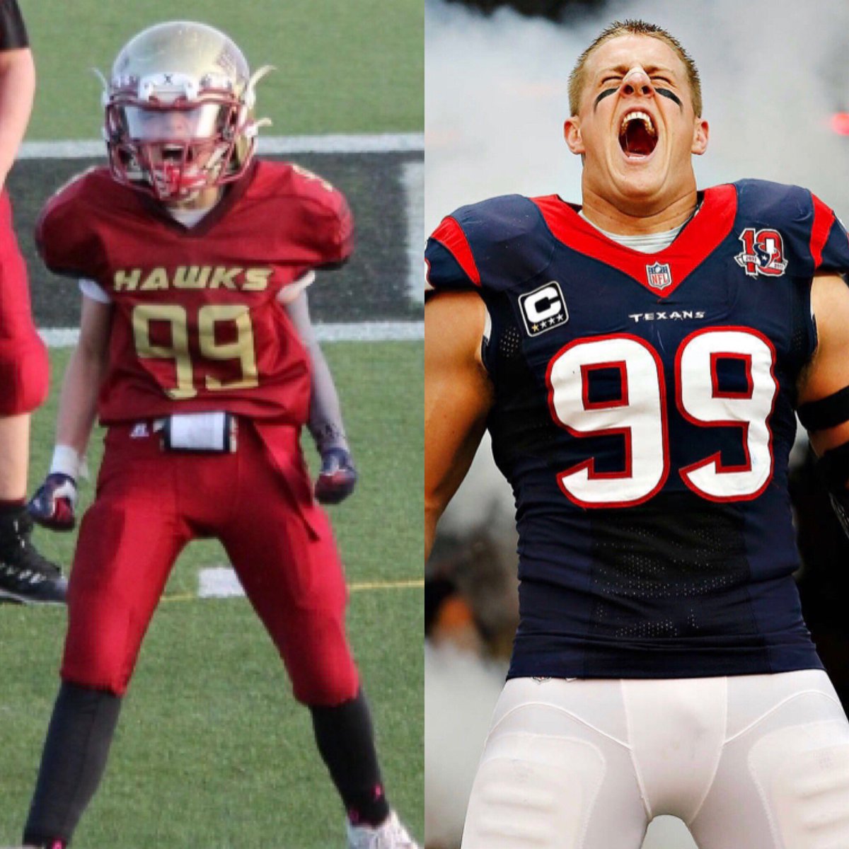 KJKava's tweet photo. Caught this pic of Nate after #Hawks recovered an onside kick. @nickkava9 showed me a similar pic of @JJWatt 😳. Something about those #99s! Love that passion! #MCHawks #11yearoldfootball #My99 #lovethegame https://t.co/xYT3aUNeFS
