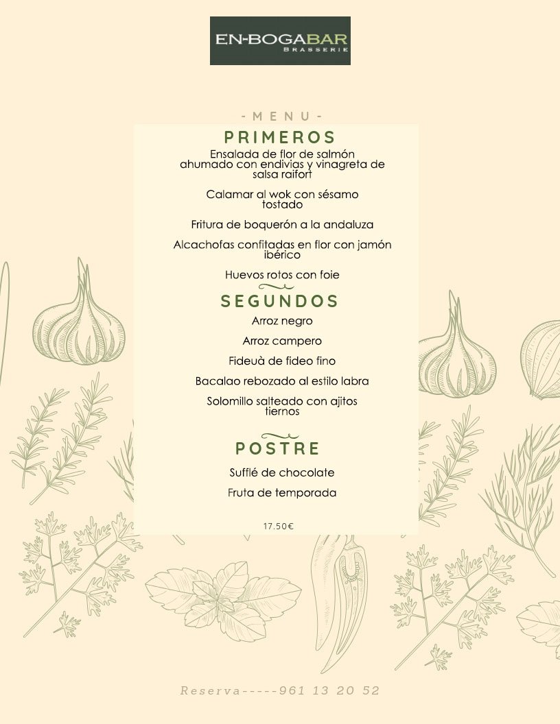 🍴¡Menú del día!🍴No os olvidéis de que si queréis un #arrocito tiene que ser para mínimo 2 personas👥. 🔶Recuerda que tienes un primero, un segundo y un postre a elegir🔶 ¡Os esperamos! #enbogabar #brasserie #gastrobar #valencia #arroz #paella #carnes #pescados #felizjueves