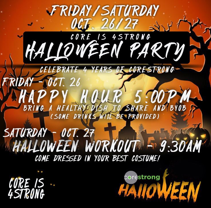 BeCoreStrong's tweet image. Only ☝🏼 day away from our Halloween Party🎃 Friday at 5 for happy hour and food..Saturday at 9:30am for our Halloween Workout! Come in your best costume #becorestrong