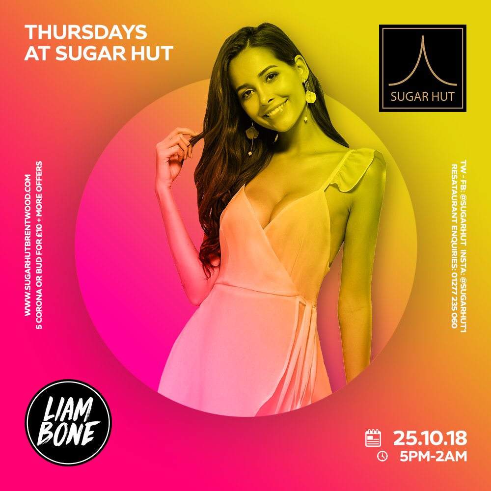 TONIGHT!

5 x Corona / Bud = £10 🍻
2-for-1 Cocktails 🍸🍸
Bottle of wine = £10 🍷
Bogof Apple/Pear #Rekorderlig 🍏🍐

Offers available Thursdays
from 5pm until 2am
at the <a href="/SugarHutRest/">Sugar Hut</a>

+ <a href="/LiamBone1/">Liam Bone</a> 🎧
on the decks from 9pm 💃