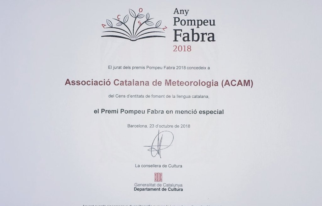 acam_cat's tweet photo. El Departament de Cultura de la Generalitat de Catalunya ens ha atorgat un reconeixement especial en tant que formem part del Cens d'entitats que impulsa i promou l'ús de la llengua catalana,nosaltres en l'àmbit de la meteorologia. Gràcies! @llenguacatalana @AnyFabra #PremisFabra https://t.co/ge3RV9rZH5