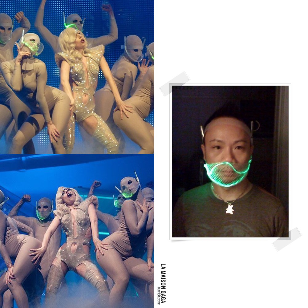 LaMaisonGaga_'s tweet photo. Monster Ball Tour Fashion Part I: @ladygaga takes the stage in a custom #Zaldy beige glitter cut-out jumpsuit with tulle shoulder pads and crystal face mask. Her dancers wear custom #TomTalmonStudio green laser grid masks. https://t.co/JRDOc8rzSK
