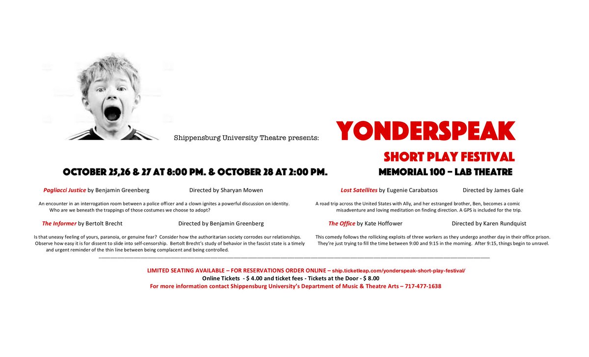 Come on out this weekend to support the Shippensburg University Theatre and our very own middle level education student, Benjamin Greenberg. We are so proud of you, Ben!