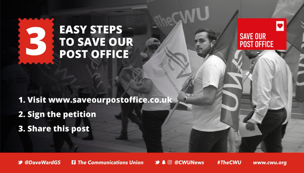 The Post Office is under assault - it is our job to save it. Our #TheCWU campaign to #SaveOurPostOffice starts today. Go to saveourpostoffice.co.uk  and use the tools to write to your MP and sign the petition. RT this message and get involved ✊