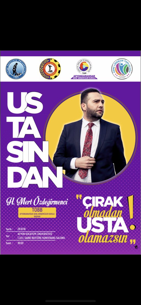 AKÜ ve TOBB Afyon Genç Girişimciler Kurulu işbirliği ile USTASINDAN isimli girişimcilik söyleşisi düzenlenecektir. İlk konuk GGK Başkanımız H.Mert ÖZDEĞİRMENCİ olacaktır. Söyleşi 26.10.2018 tarihinde saat 16:00'da AKÜ İBBF Sabri Rektöre konferans salonunda.