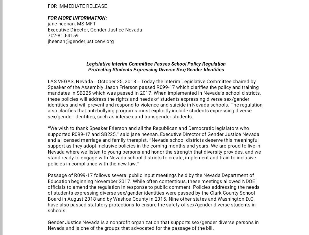 PRESS RELEASE
Legislative Interim Committee Passes School Policy Regulation 
Protecting Students Expressing Diverse Sex/Gender Identities