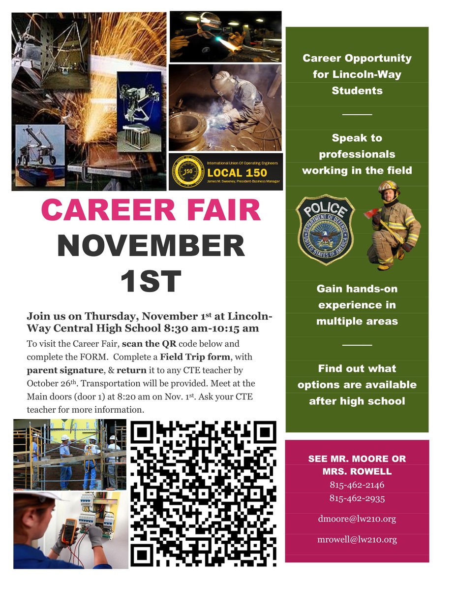Join the LW CTE department for a Career Fair 11/1 at Lincoln-Way Central! See flyers for details or stop in PPS! You will need to fill out a field trip form.