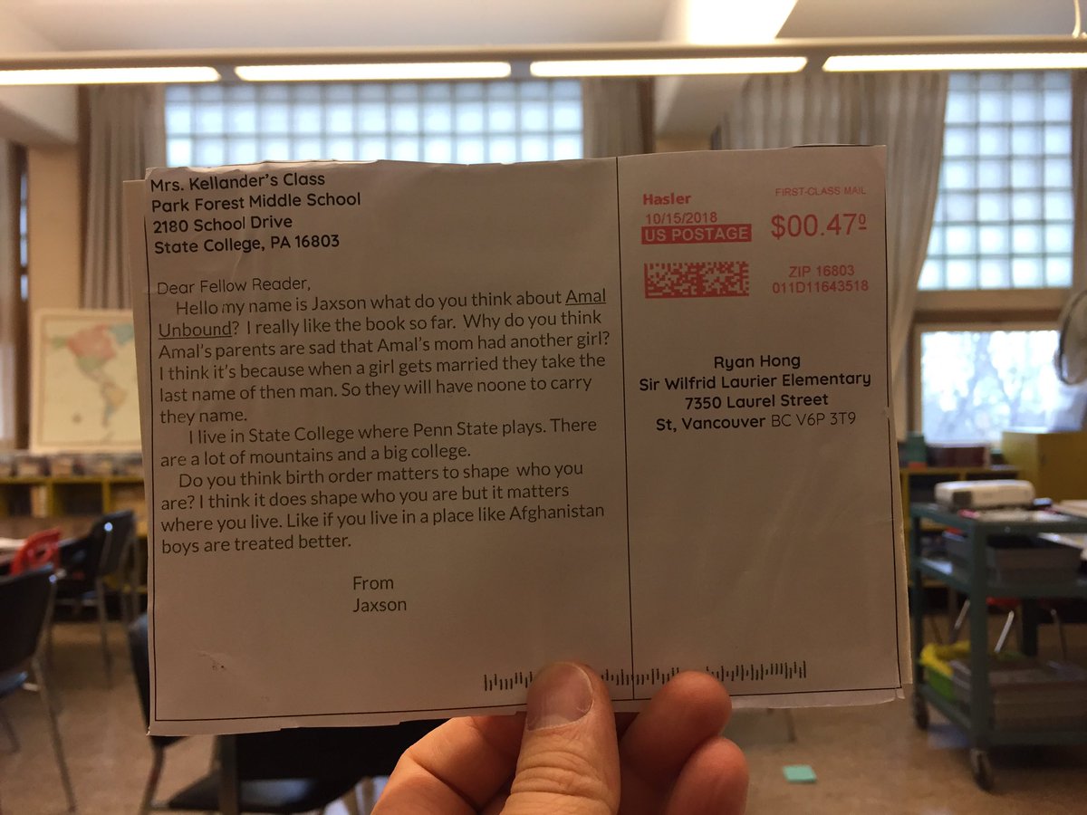 MrHongsClass's tweet photo. Day 36: Connecting through social media to improve our understanding. Received our first post card from Park Forest Middle School in Pennsylvania with questions related to #amalunbound #globalreadaloud2018 #vsblearns Learning w @mrfishersclass mrfishersclass @pfmsroar @aishacs https://t.co/MTcuLL5zoa