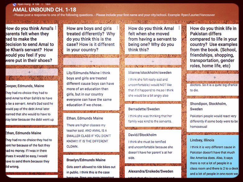 MrHongsClass's tweet photo. Day 37: Excited to see replies to our questions on padlet from Stockholm, Maine, and Illinois! Learning from people from different places and different backgrounds! #vsblearns #vsb39 #amalunbound #differentperspectives #globalreadaloud2018 Learning w/ @mrfishersclass @aishacs https://t.co/YYSN26XPuF