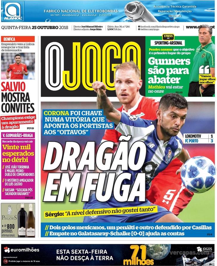 FCPorto_Fr's tweet photo. 🗞 Les unes de la presse portugaise ! (25/10)
O Jogo : « Dragon en fuite »
Record : « Emballés »
A Bola : « Locomotive bleue »
#FCLFCP #SomosPorto #LDC https://t.co/ElIjNiUHWv