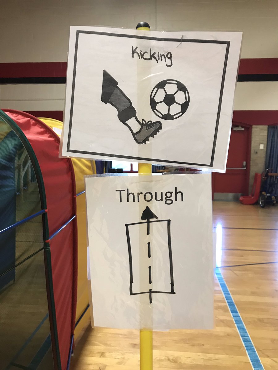 FCPSAdaptedPE's tweet photo. Great use of visuals by @RockCreekFCPSPE! The students are following visuals at all skill stations and working on vocabulary skills in PE! #kicking #fcpspe #pevisuals #boardmakerimages https://t.co/p17Beeci1c