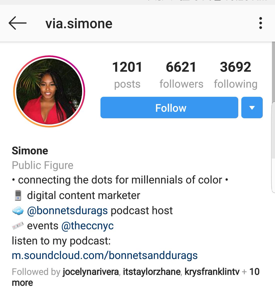 SimoneIG: via.simone Twitter:  @viasimone_ MarketingContent Marketing manager for pop culture brands at iOneDigital:(Bossip + Global Grind + Hip Hop Wired)Bonnets&Durags podcast host Event Curator at The Creative Collective NYC