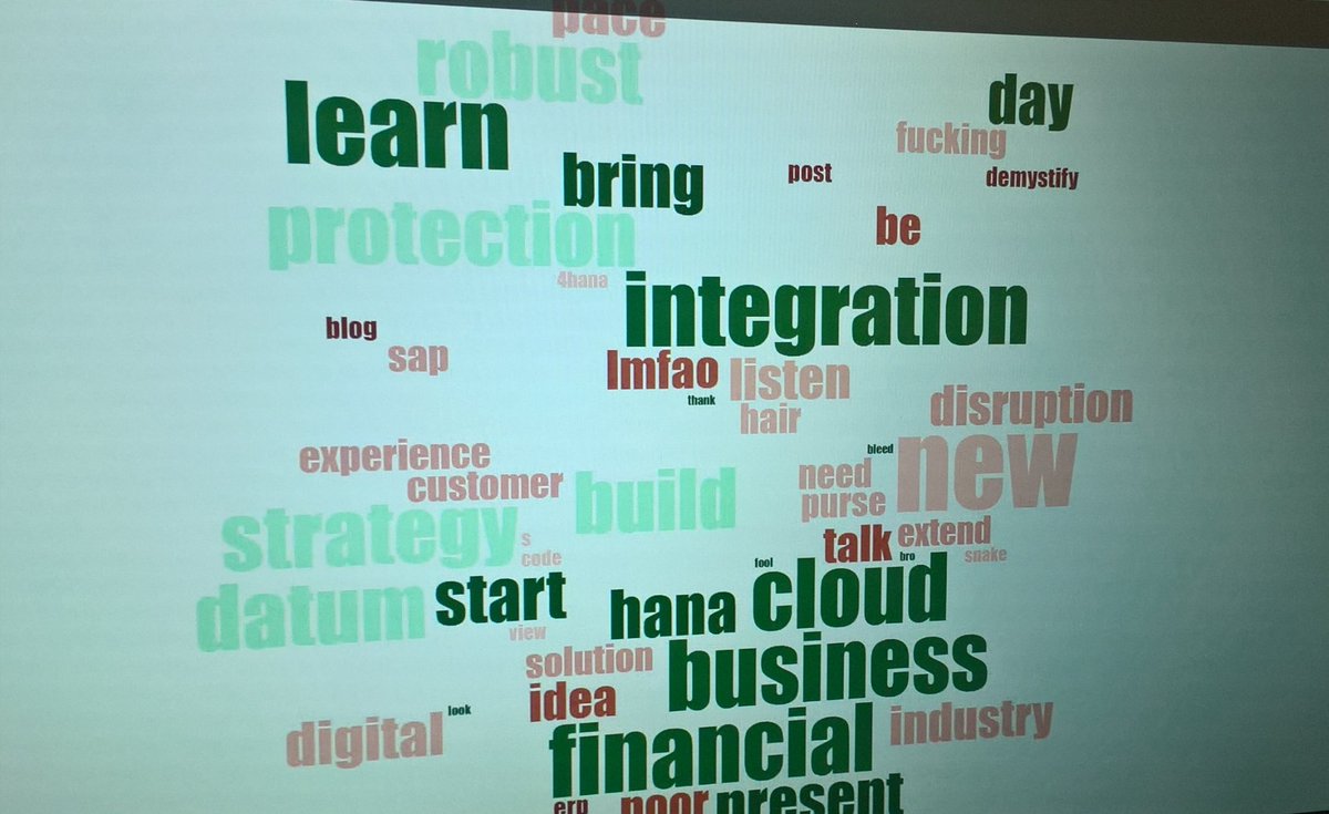 Great minds think alike! Just saw a word cloud sentiment / topic visualization at #SAPTechEd which is very similar to the feedback collection app we built for this year's #itconsapcj. Also, both were created with <a href="/d3js_org/">D3.js</a>.