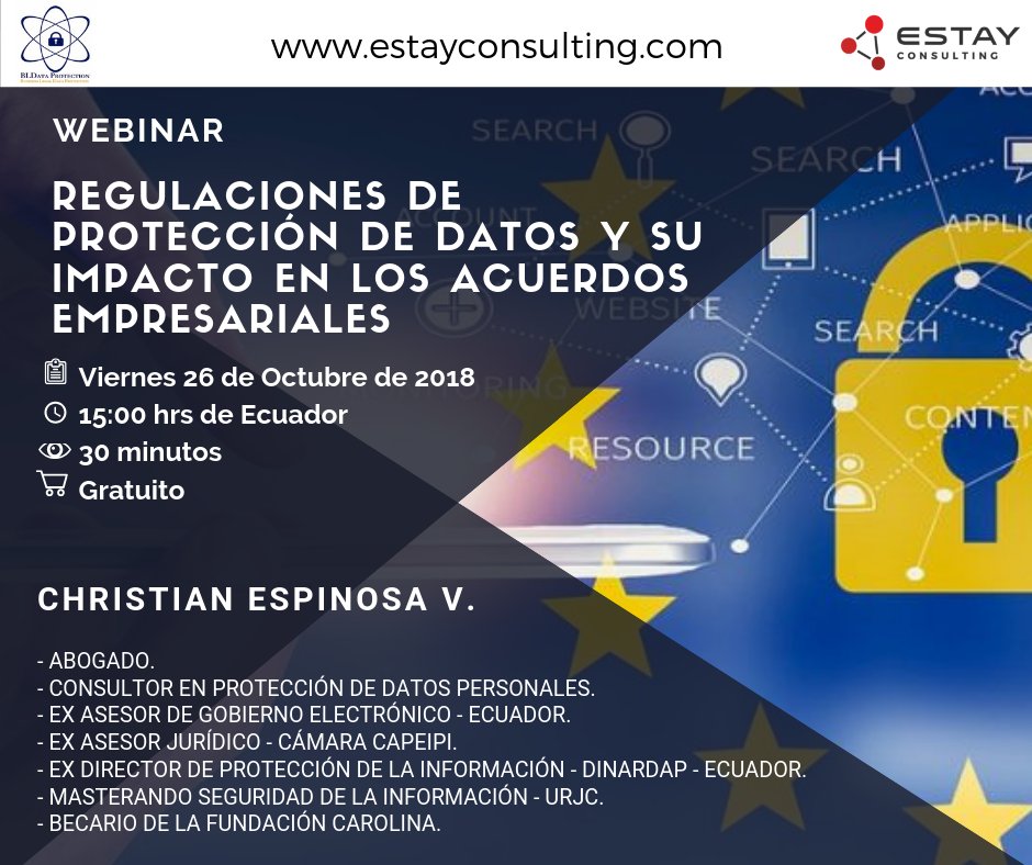 EstayConsulting's tweet photo. #Webinar Regulaciones de Protección de Datos y su Impacto en los Acuerdos Empresariales. Regístrate en https://t.co/u0yneRJqon
.@MonkeyAAL .@DINARDAP . #datospersonalesEC #datosyempresas #datosyoportunidadesEC #protecciondatospersonales #dataprotection #datosEC #Ecuador #Espana https://t.co/vR7BgBOdaB