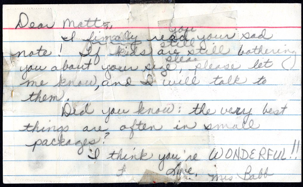 The archival materials we collected today includes this note to Matthew Shepard from his third grade teacher. "If kids are still bothering you about your size, please let me know and I will talk to them." #LGBTQhistory