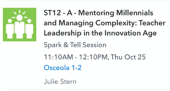 sharemylesson's tweet image. Are you at #AMLE2018? At 11:10a - 12:10p TODAY connect with @JulieHStern in Osceola 1-2 for a Spark &amp;amp; Tell Session on Mentoring Millennials &amp;amp; Teacher Leadership! #AMLE18 @MsAmberChandler
