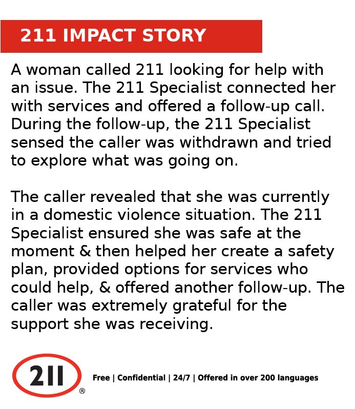 The 211 Impact. We're so glad that we can make a difference in #yyc. Call 211 or visit ab.211.ca to connect with resources. 
This story is based on real calls, with some details altered to protect the confidentiality of the caller. #helpstartshere #ab