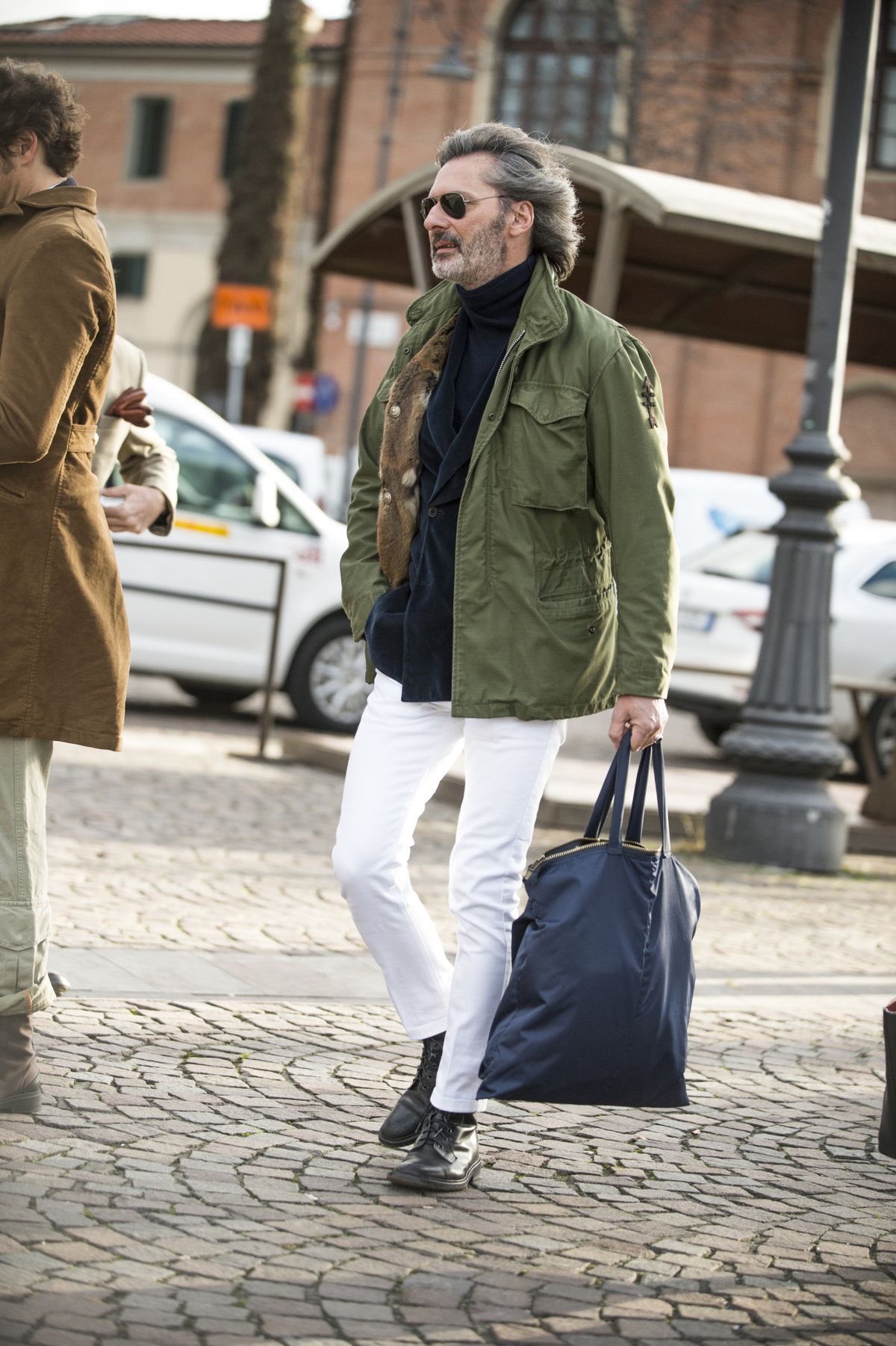 Green jacket deals white pants