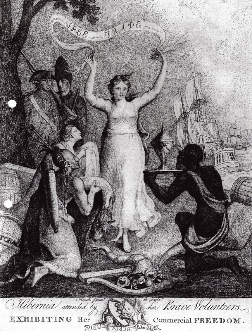 Cf. after gainfully agitating for Free Trade this is how Irish merchants and landowners depicted their role on the world stage (1780) Kneeling before Hibernia are a Native American and an enslaved African. It's also the cover of Rodgers' seminal work >  https://www.palgrave.com/gp/book/9780333770993