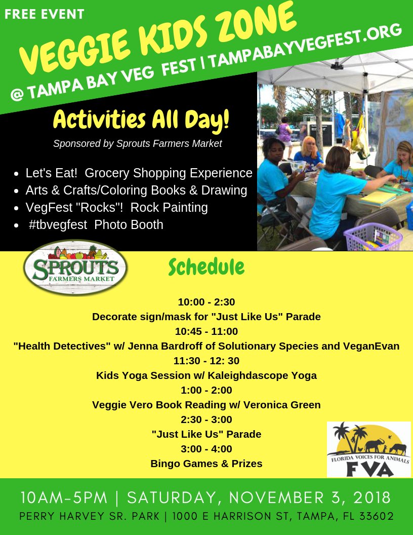 Plan on checking out our Tampa Bay Veg Fest Sat 11/03? Bring the kiddos! We've got activities &amp; fun day long. Whether your little one enjoys arts &amp; crafts, BINGO, book readings, yoga, or wants to be part of our Just Like Us Parade, there's something for every little animal lover!