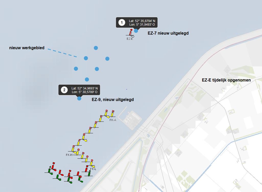 Vaarweg Lelystad - Lemmer : NW van de Maximacentrale, nieuw uitgelegd werkgebied, EZ-E tijdelijk opgenomen, nieuw uitgelegd EZ-7 en EZ-9. Werkgebied bij de EZ-C is opgenomen, EZ-C teruggelegd in gekarteerde positie. voor alle posities, zie vaarweginformatie.nl 2018.10847.0