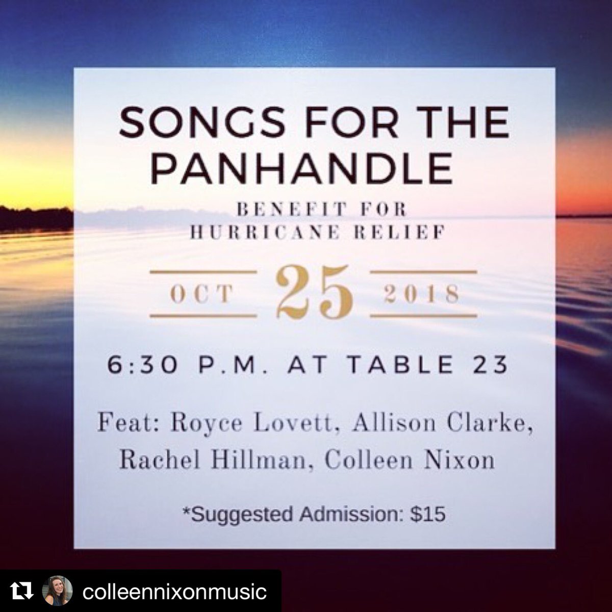 Table23Tally's tweet photo. #Repost @colleennixonmusic
・・・
Please come out to @table23tally on Thursday 10/25 for a beautiful songwriters round benefitting our beloved panhandle effected by #hurricanemichael  @rachelhillmanband @allisonclarkemusic @roycelovett #tallahasseetalent #ihearttally #850strong https://t.co/mqJypk81Ya
