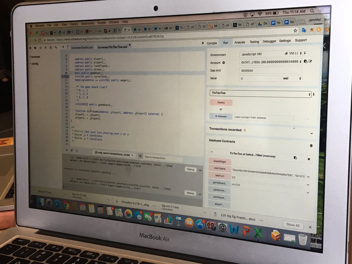 MarisaHoskins12's tweet photo. Student designed Tic Tac Toe game using #solidity programming language! #blockchainlearning #blockchaintechlology @blockchain @ethereum @BishopStrachan #blgschoolhack4change #bsshack4change https://t.co/VIRQ62qfO0